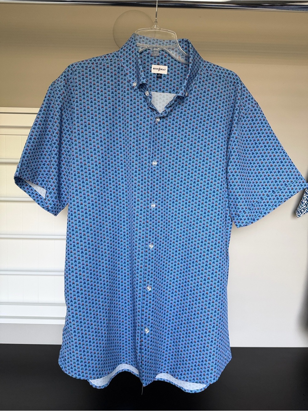 Short-Sleeve Blue Micro-Pattern Button-Down Shirt